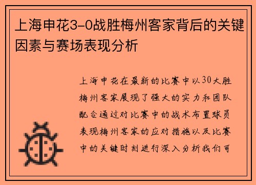 上海申花3-0战胜梅州客家背后的关键因素与赛场表现分析