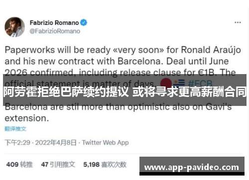 阿劳霍拒绝巴萨续约提议 或将寻求更高薪酬合同