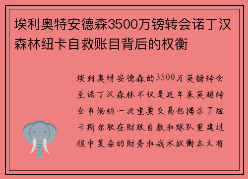 埃利奥特安德森3500万镑转会诺丁汉森林纽卡自救账目背后的权衡